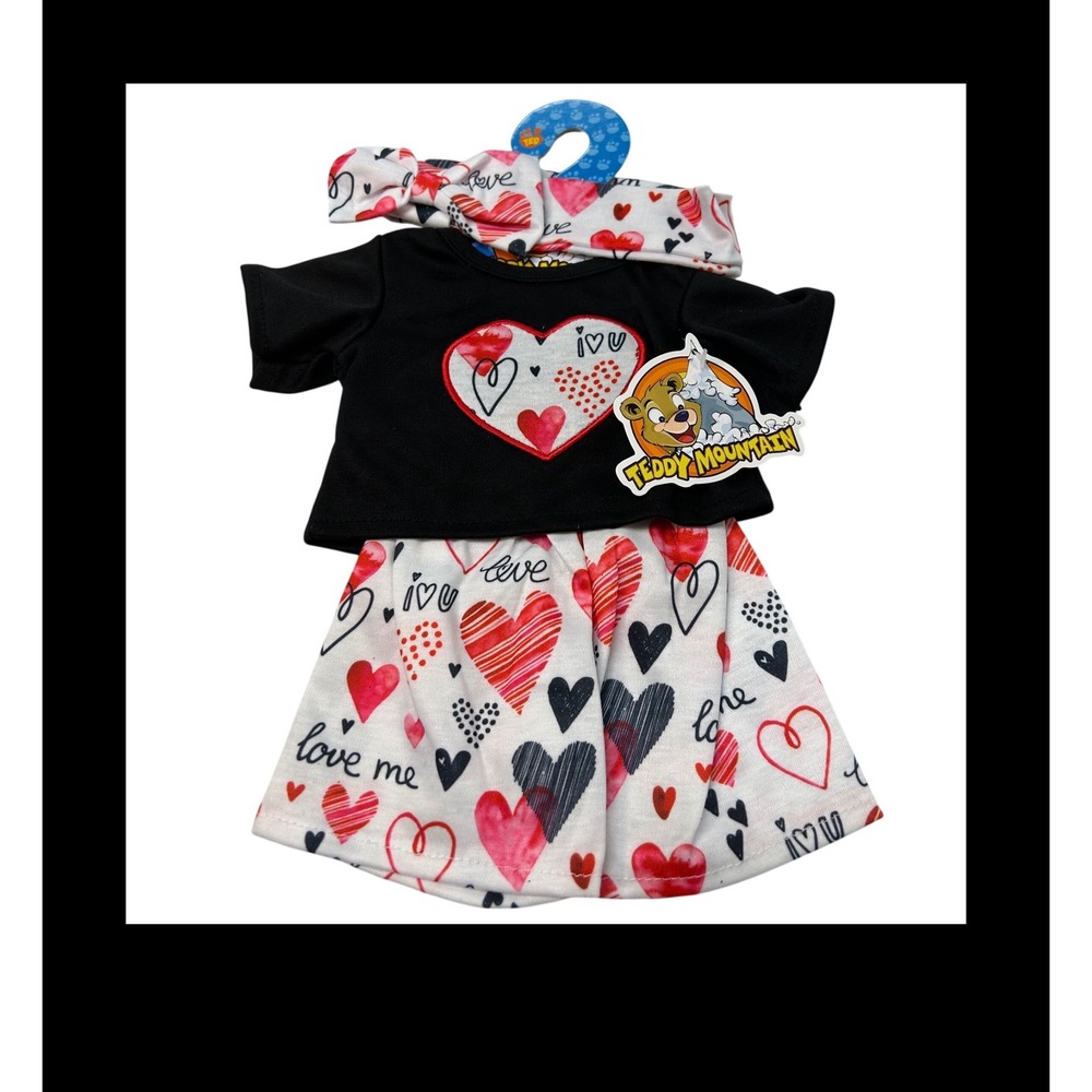 Teddy Mountain Funky Hearts Outfit 16" Plush Toy Clothes 3pc Set Black White Red